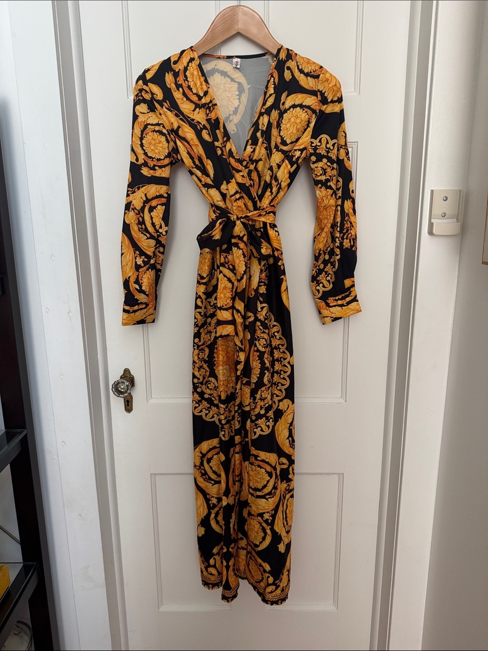 Black and Gold Wrap Maxi Dress with Tie Waist
